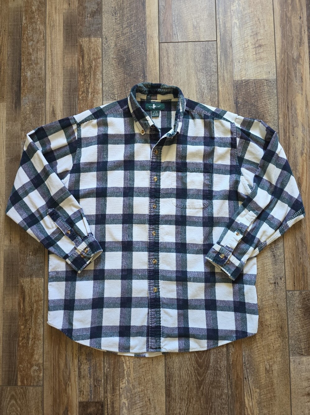 Hunt Club - Vintage 90s Printed Corduroy Plaid Shirt - XL - Cream Forest Green
